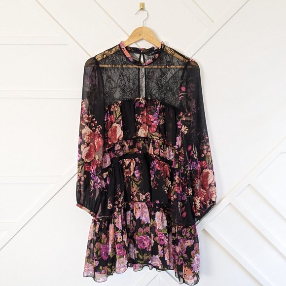 Zara black lace floral tiered ruffle boho dress M - Picture 2 of 11